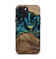 iPhone 15 Wood Live Edge Phone Case - Isom (Teal & Gold, 811880)