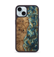iPhone 15 Wood Phone Case - Karly (Teal & Gold, 815310)