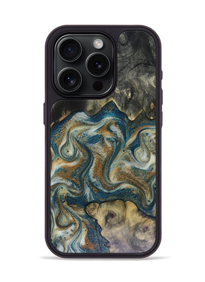 iPhone 15 Pro Wood Phone Case - Sylvia (Teal & Gold, 816075)