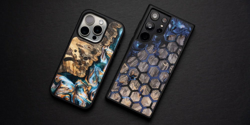 Two wood and resin phone cases
