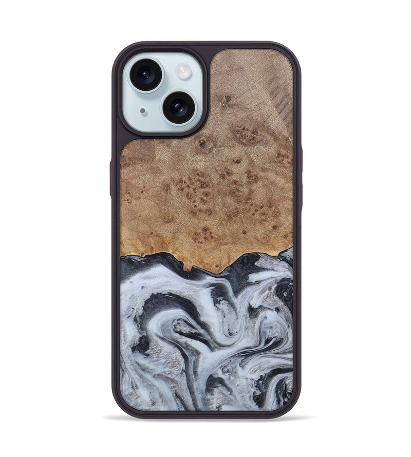 iPhone 15 Wood+Resin Phone Case - Stuart (Black & White, 676348)
