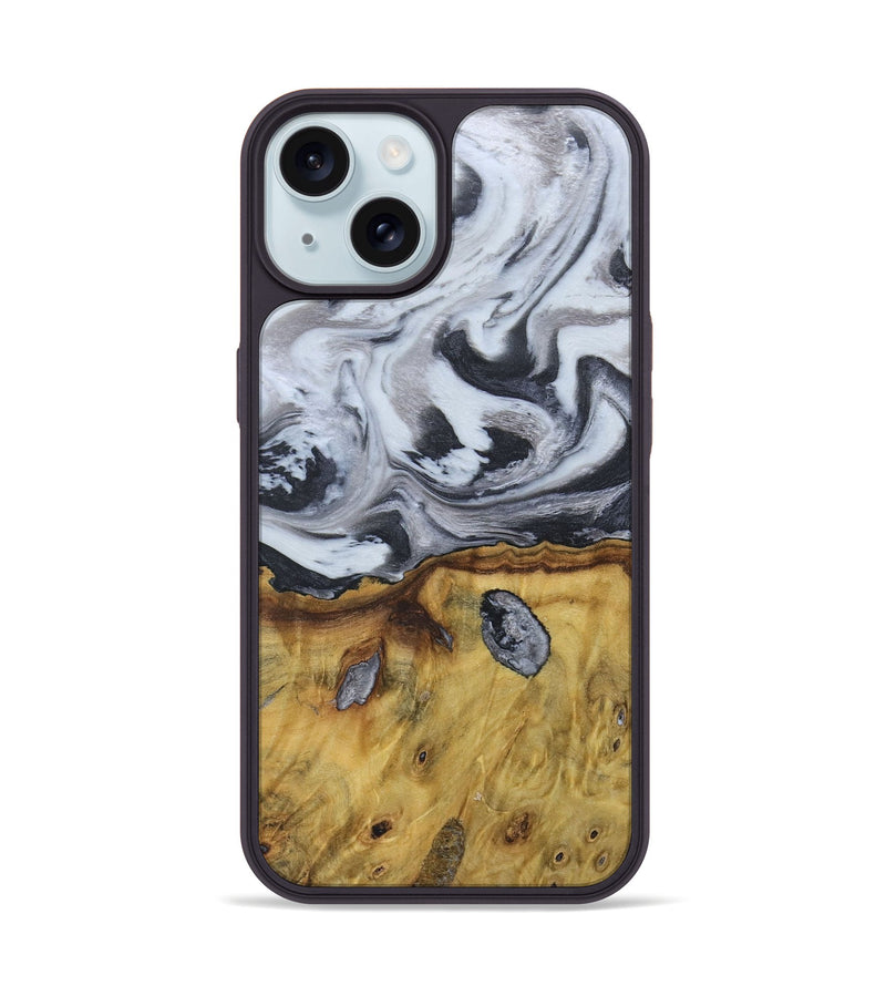 iPhone 15 Wood+Resin Phone Case - Ruben (Black & White, 676365)