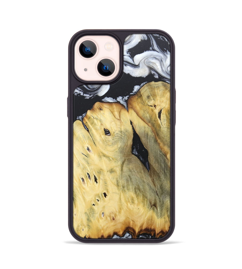 iPhone 14 Wood+Resin Phone Case - Celeste (Black & White, 676375)