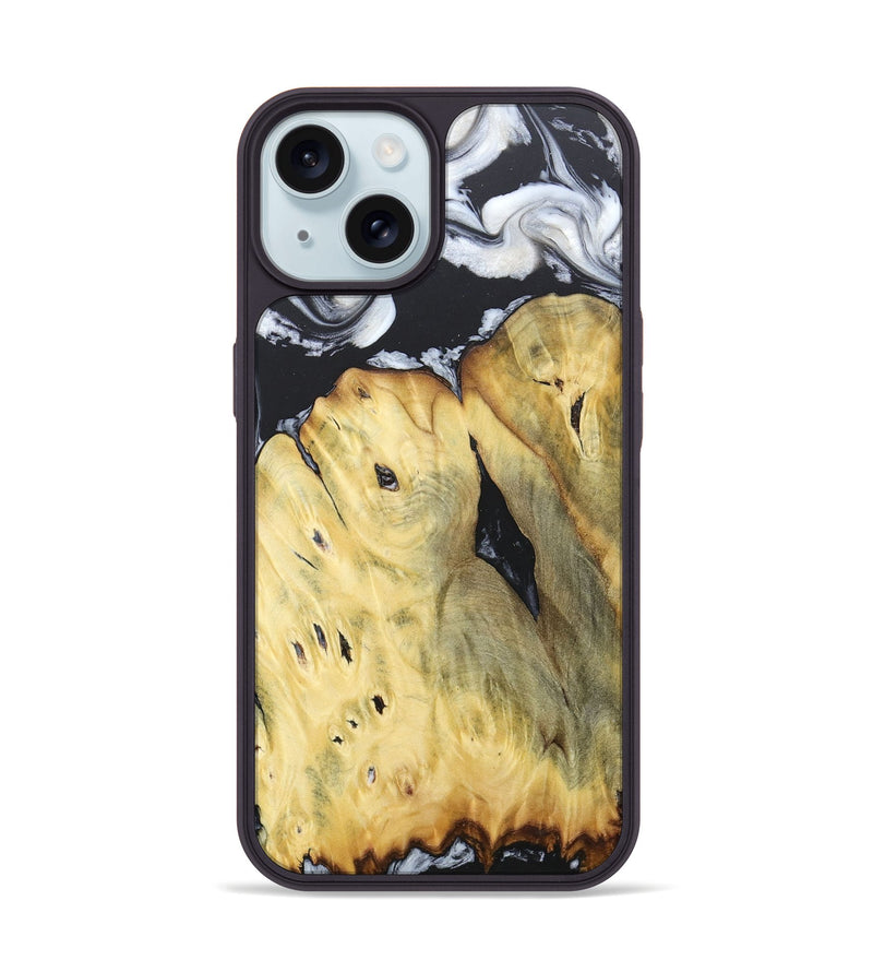 iPhone 15 Wood+Resin Phone Case - Celeste (Black & White, 676375)