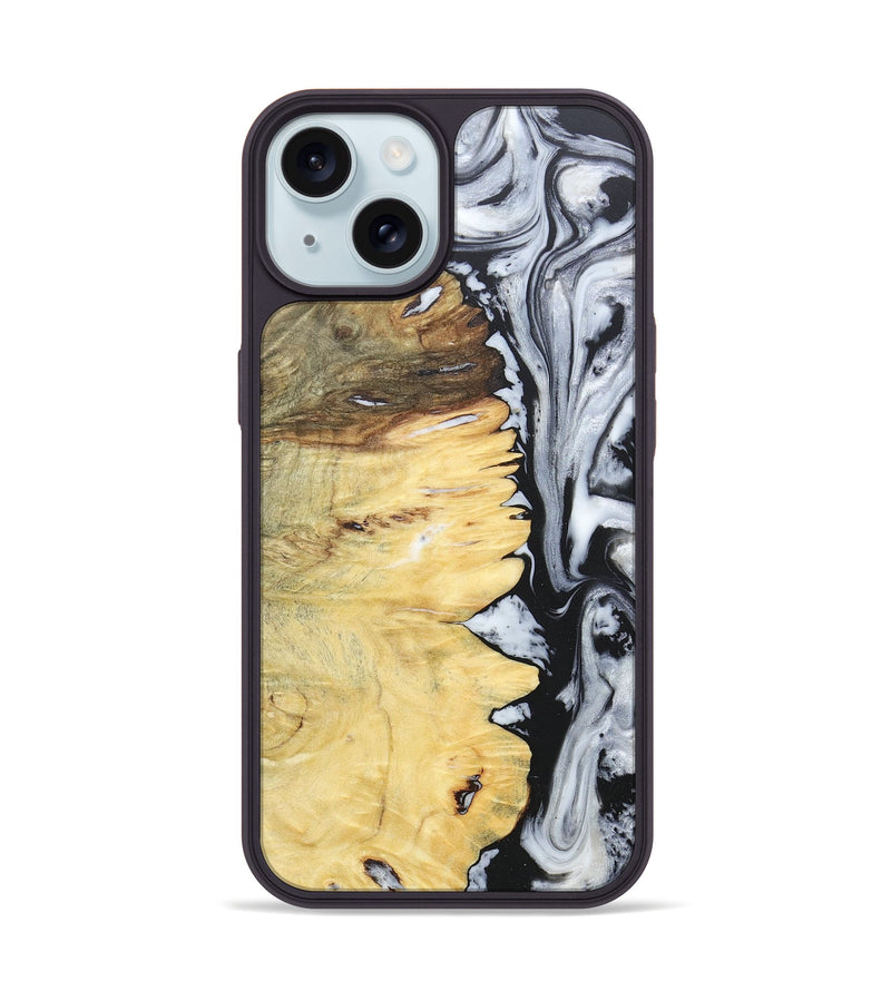 iPhone 15 Wood+Resin Phone Case - Alaina (Black & White, 676381)