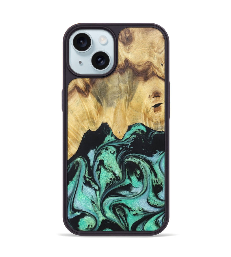 iPhone 15 Wood+Resin Phone Case - Cassandra (Green, 677642)