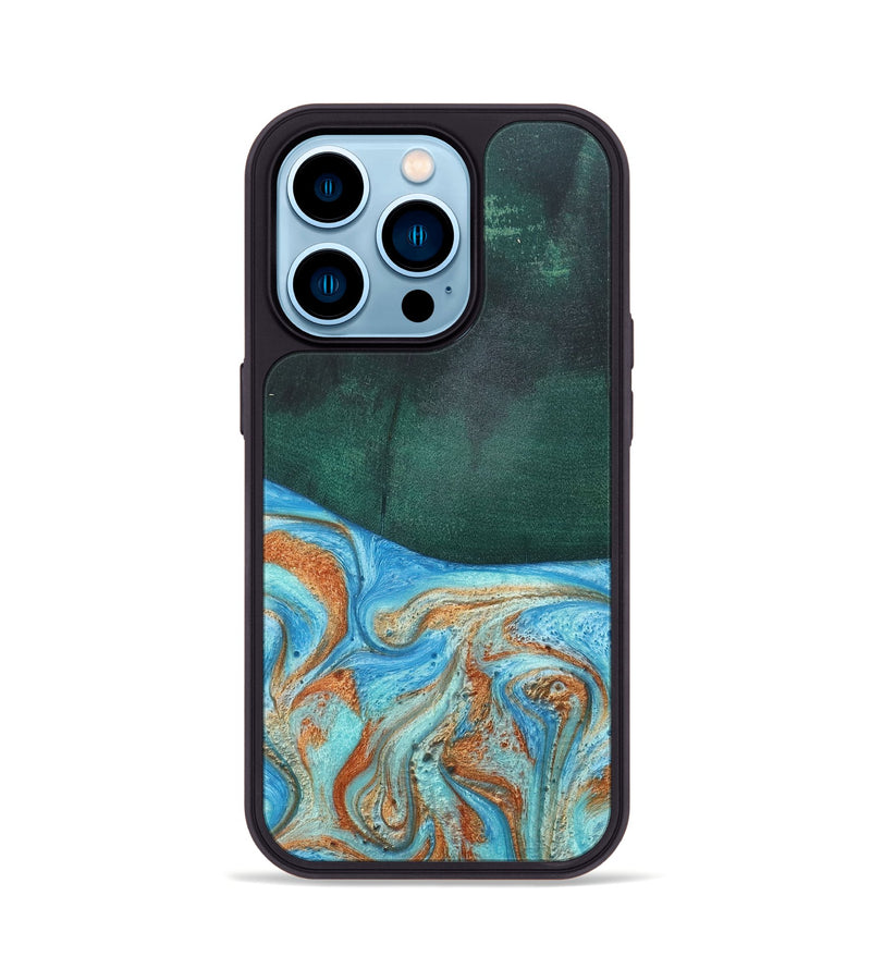 iPhone 14 Pro Wood+Resin Phone Case - Tami (Teal & Gold, 681384)