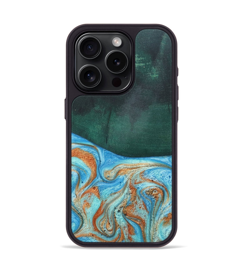 iPhone 15 Pro Wood+Resin Phone Case - Tami (Teal & Gold, 681384)