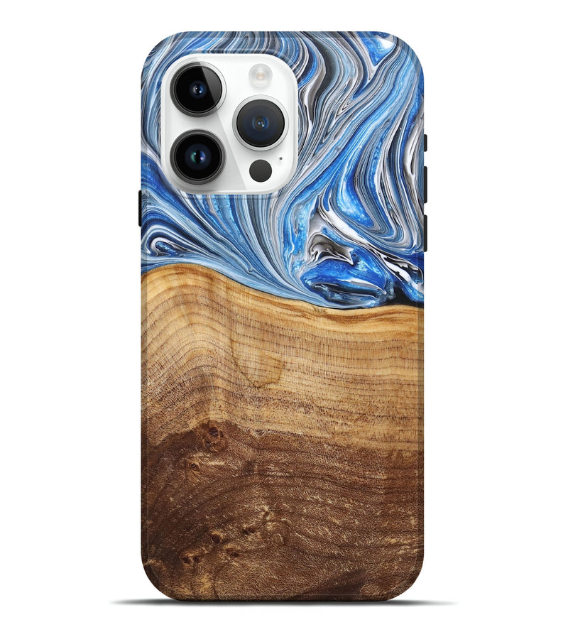 iPhone 15 Pro Max Wood+Resin Live Edge Phone Case - Bernice (Blue, 682211)