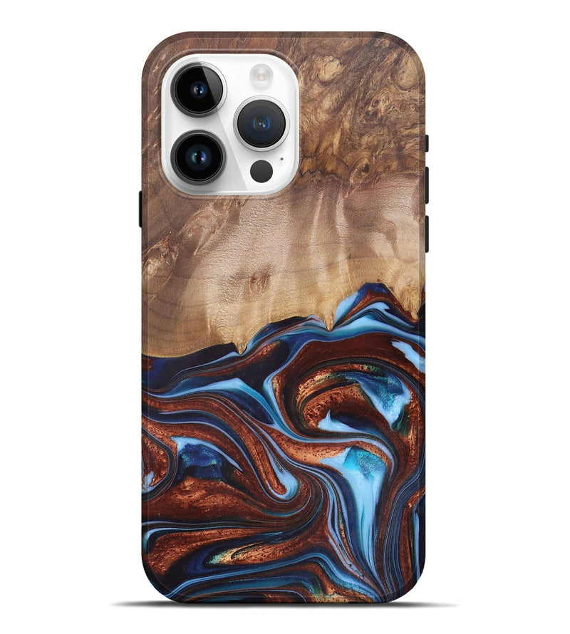 iPhone 15 Pro Max Wood+Resin Live Edge Phone Case - Issac (Teal & Gold, 682470)