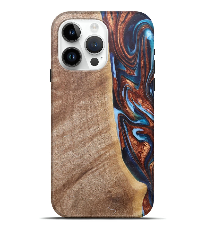 iPhone 15 Pro Max Wood+Resin Live Edge Phone Case - Mekhi (Teal & Gold, 682472)