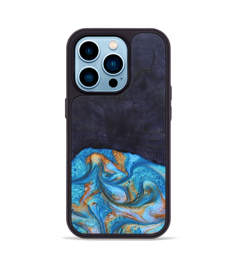 iPhone 14 Pro Wood+Resin Phone Case - Leanne (Teal & Gold, 682576)