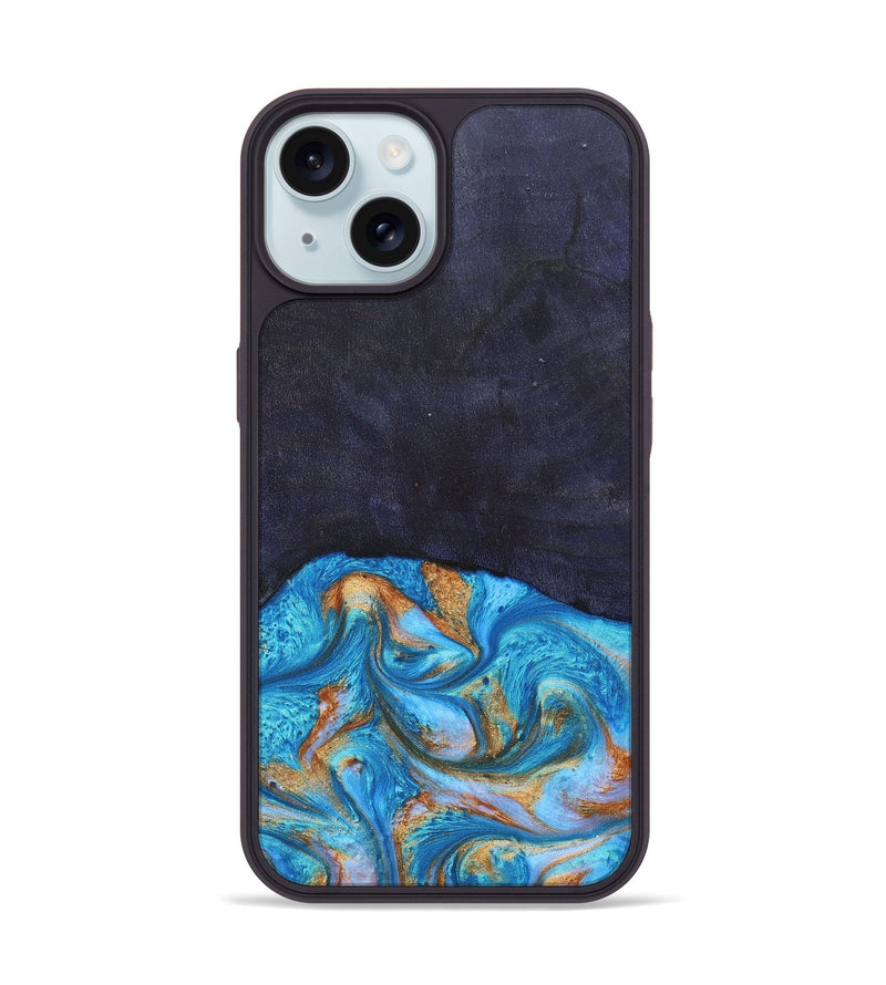 iPhone 15 Wood+Resin Phone Case - Leanne (Teal & Gold, 682576)