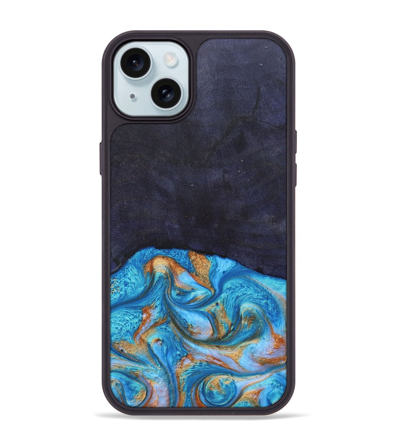 iPhone 15 Plus Wood+Resin Phone Case - Leanne (Teal & Gold, 682576)