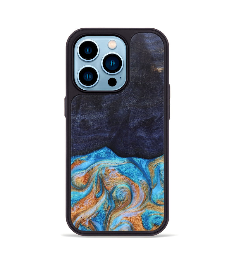 iPhone 14 Pro Wood+Resin Phone Case - Trista (Teal & Gold, 682589)