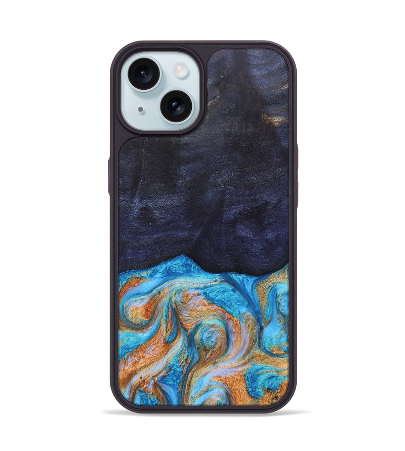 iPhone 15 Wood+Resin Phone Case - Trista (Teal & Gold, 682589)
