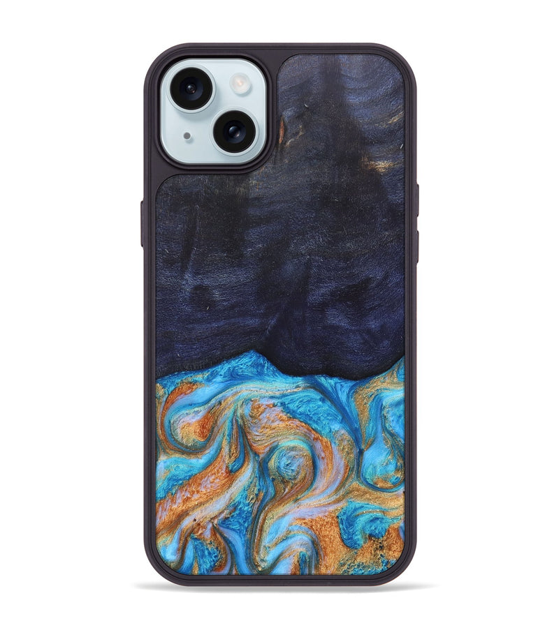 iPhone 15 Plus Wood+Resin Phone Case - Trista (Teal & Gold, 682589)