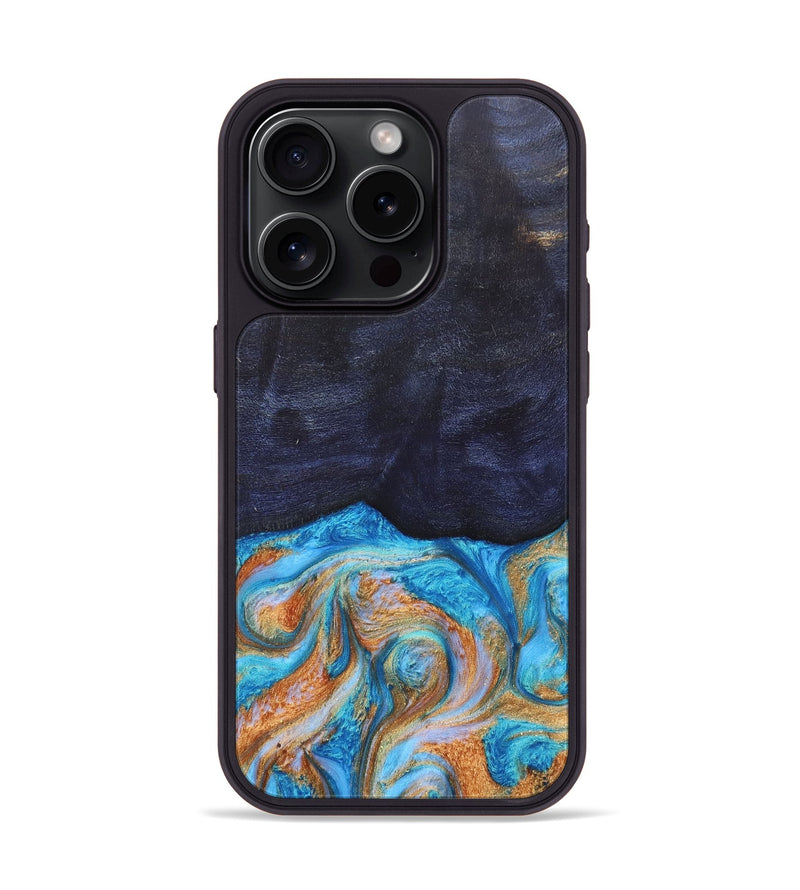 iPhone 15 Pro Wood+Resin Phone Case - Trista (Teal & Gold, 682589)