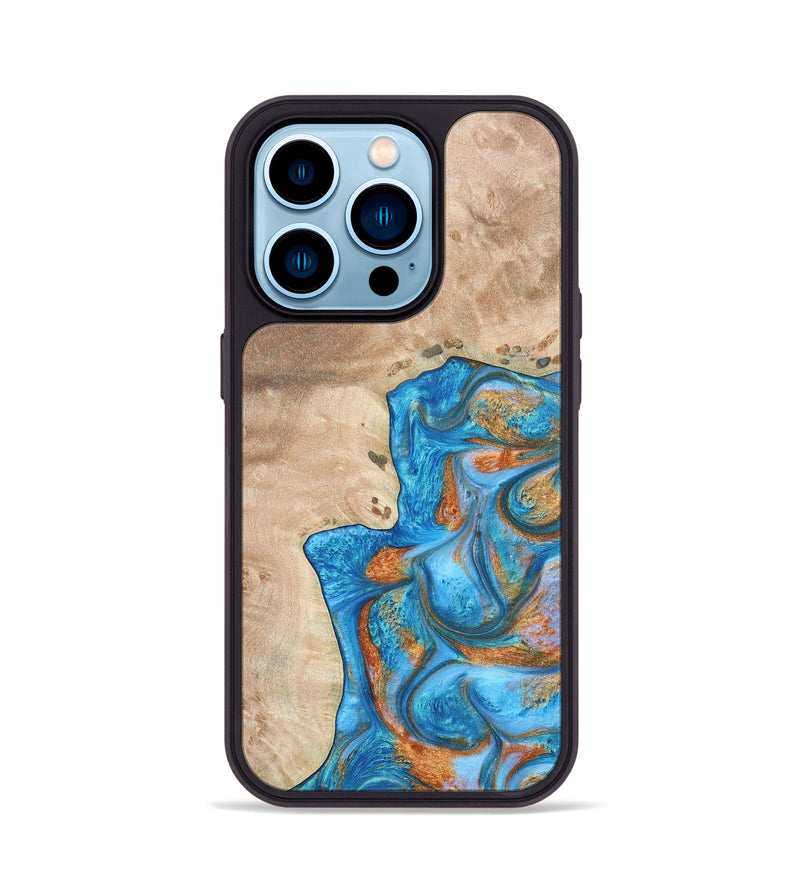 iPhone 14 Pro Wood+Resin Phone Case - Betty (Teal & Gold, 682605)