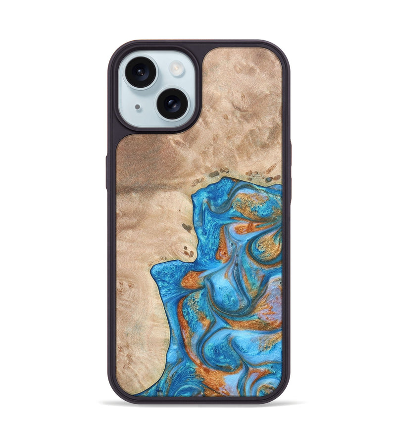 iPhone 15 Wood+Resin Phone Case - Betty (Teal & Gold, 682605)