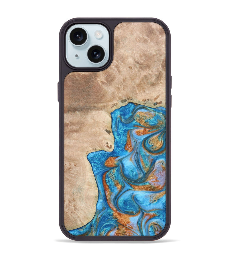 iPhone 15 Plus Wood+Resin Phone Case - Betty (Teal & Gold, 682605)