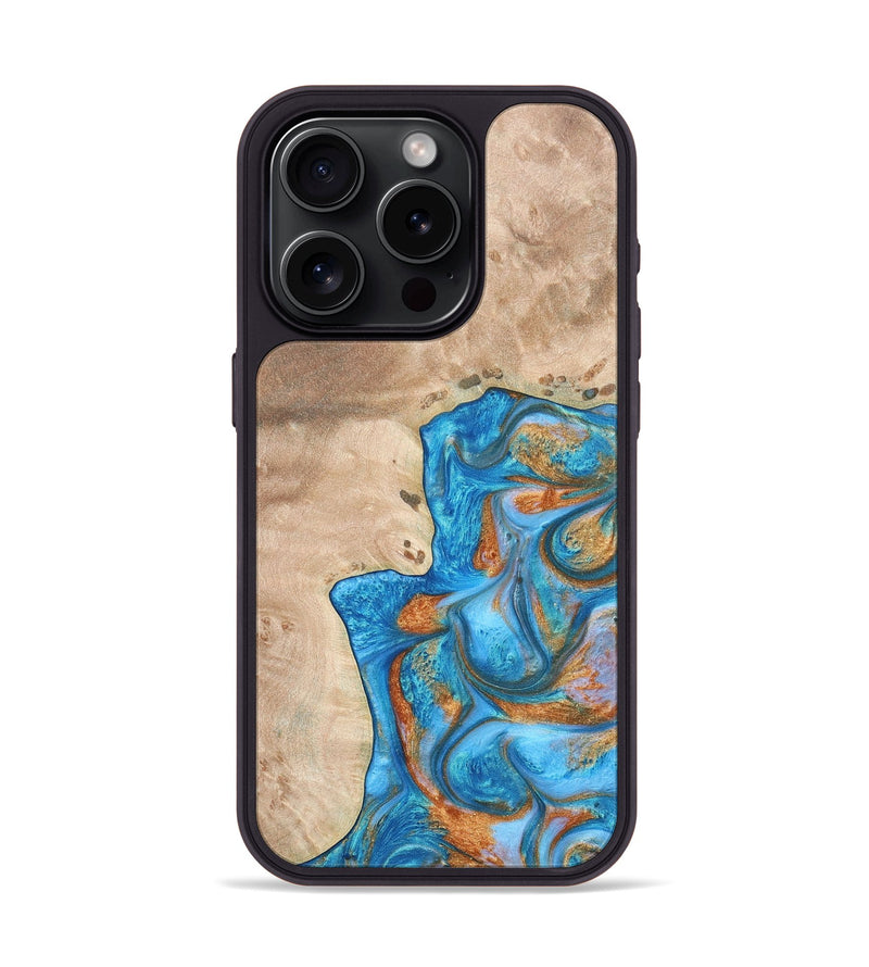 iPhone 15 Pro Wood+Resin Phone Case - Betty (Teal & Gold, 682605)