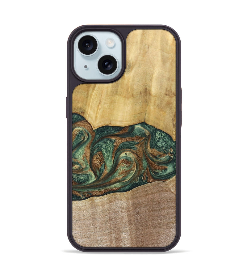 iPhone 15 Wood+Resin Phone Case - Karina (Green, 682676)