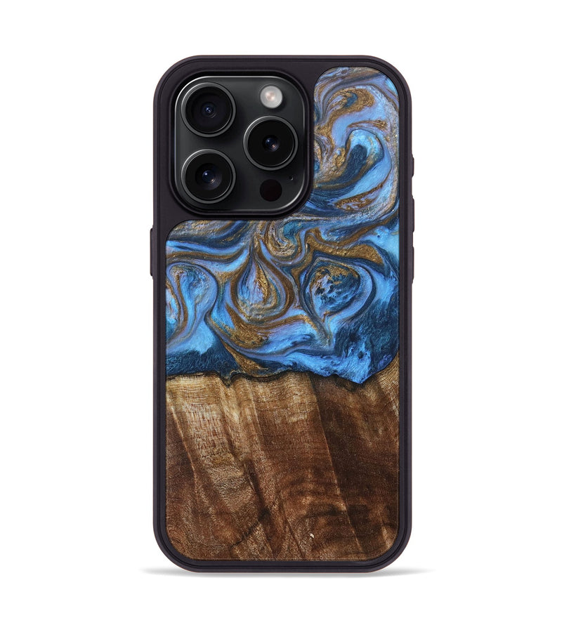 iPhone 15 Pro Wood+Resin Phone Case - Arlo (Teal & Gold, 685552)