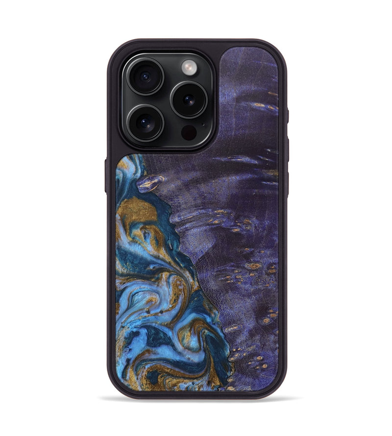 iPhone 15 Pro Wood+Resin Phone Case - Bobbie (Teal & Gold, 685560)