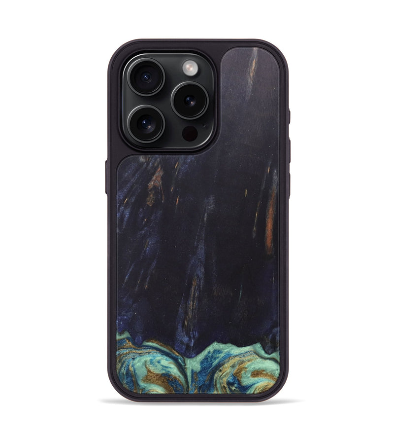 iPhone 15 Pro Wood+Resin Phone Case - Agnes (Teal & Gold, 685922)