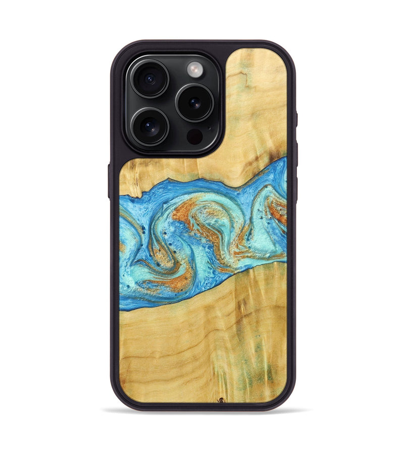 iPhone 15 Pro Wood+Resin Phone Case - Alexis (Teal & Gold, 686567)