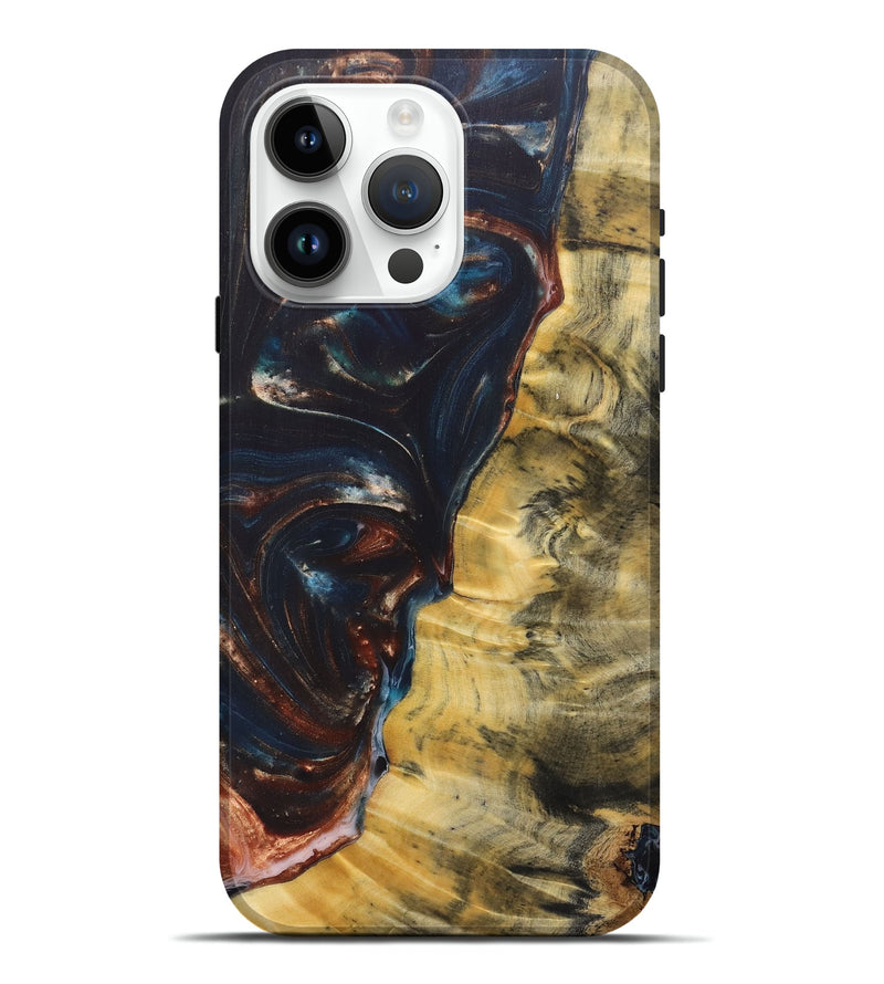 iPhone 15 Pro Max Wood+Resin Live Edge Phone Case - Arielle (Teal & Gold, 687014)
