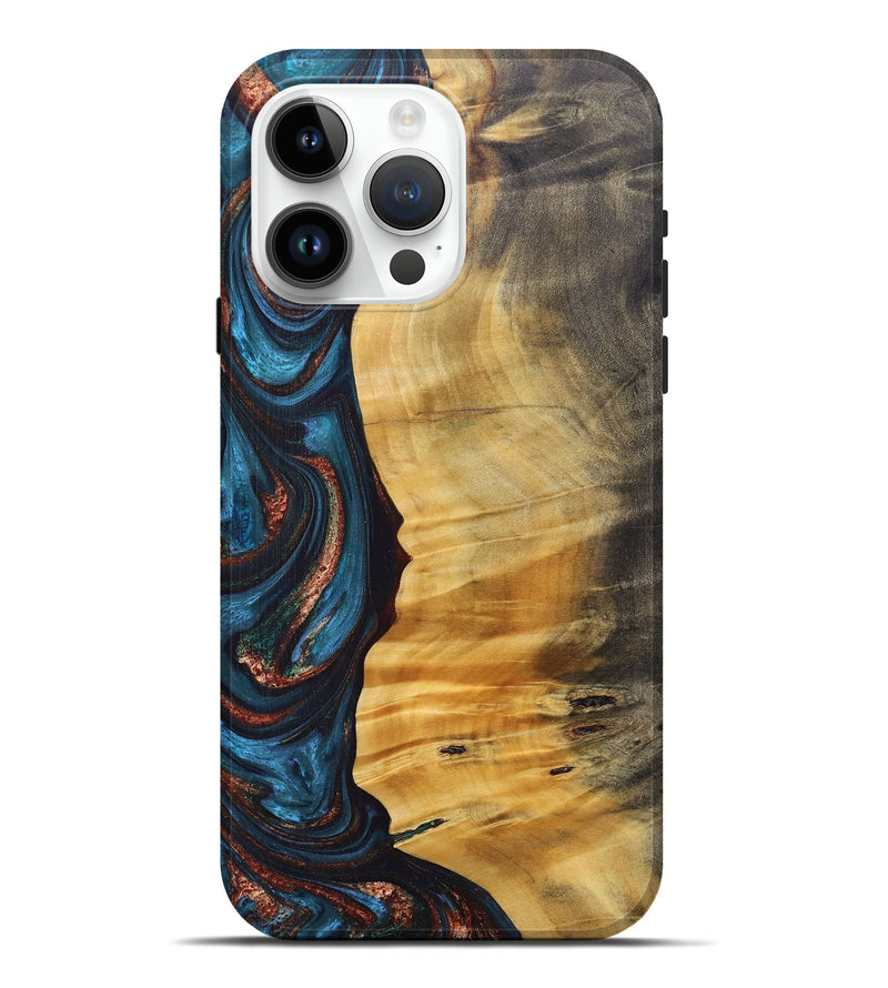 iPhone 15 Pro Max Wood+Resin Live Edge Phone Case - Rene (Teal & Gold, 688292)