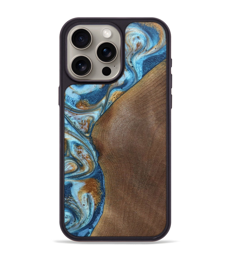 iPhone 15 Pro Max Wood+Resin Phone Case - Lance (Teal & Gold, 688928)