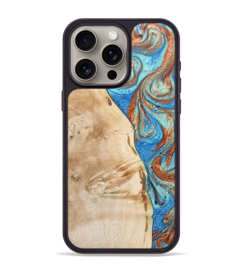 iPhone 15 Pro Max Wood+Resin Phone Case - Malik (Teal & Gold, 688933)
