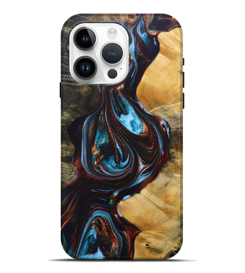 iPhone 15 Pro Max Wood+Resin Live Edge Phone Case - Addilyn (Teal & Gold, 690721)