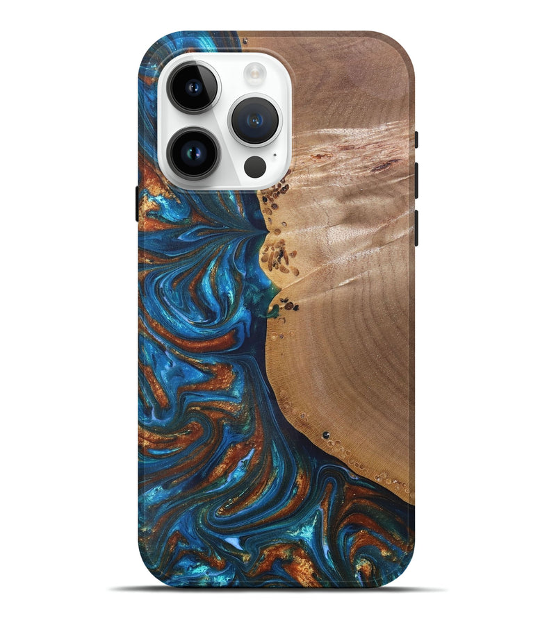 iPhone 15 Pro Max Wood+Resin Live Edge Phone Case - Edwin (Teal & Gold, 691011)
