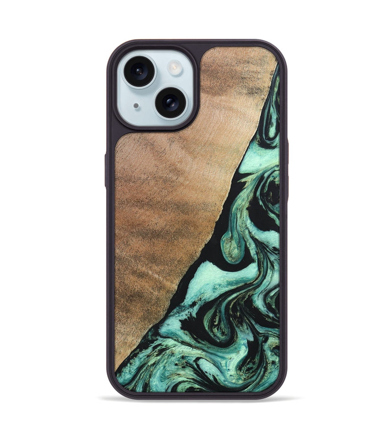 iPhone 15 Wood+Resin Phone Case - Chelsie (Green, 691570)