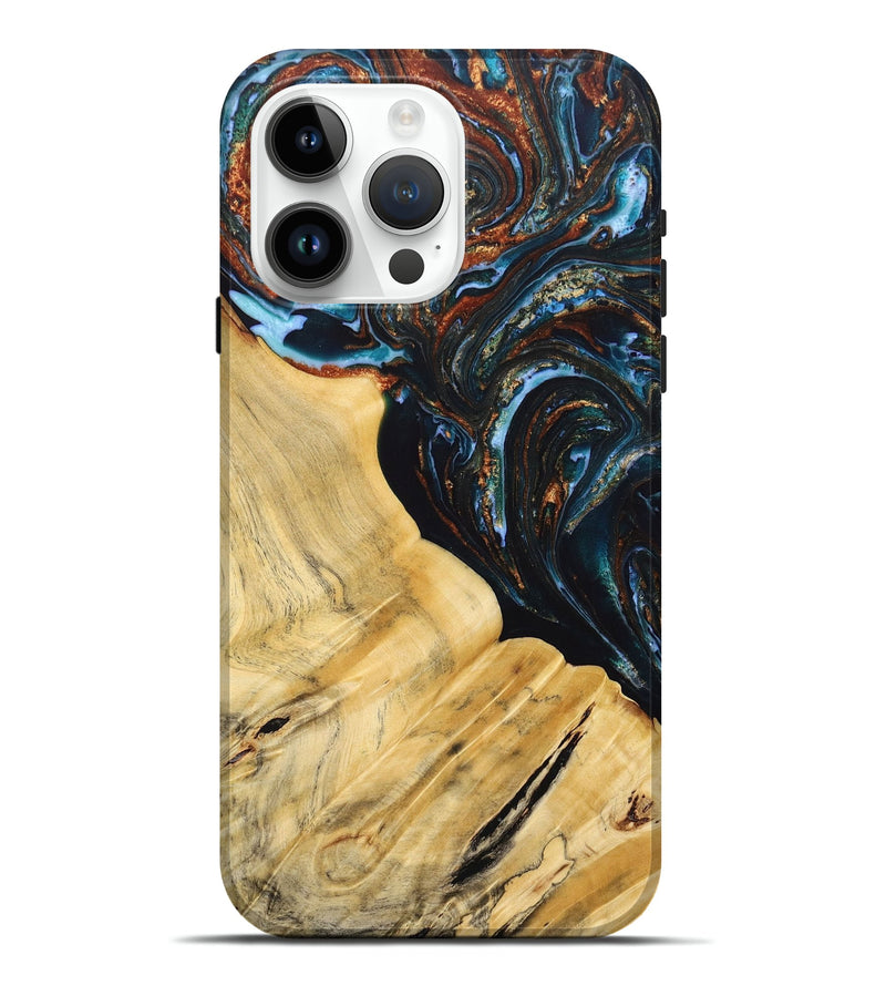 iPhone 15 Pro Max Wood+Resin Live Edge Phone Case - Antonio (Teal & Gold, 692520)