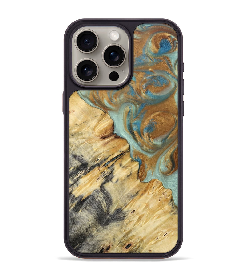 iPhone 15 Pro Max Wood+Resin Phone Case - Rylee (Teal & Gold, 694311)