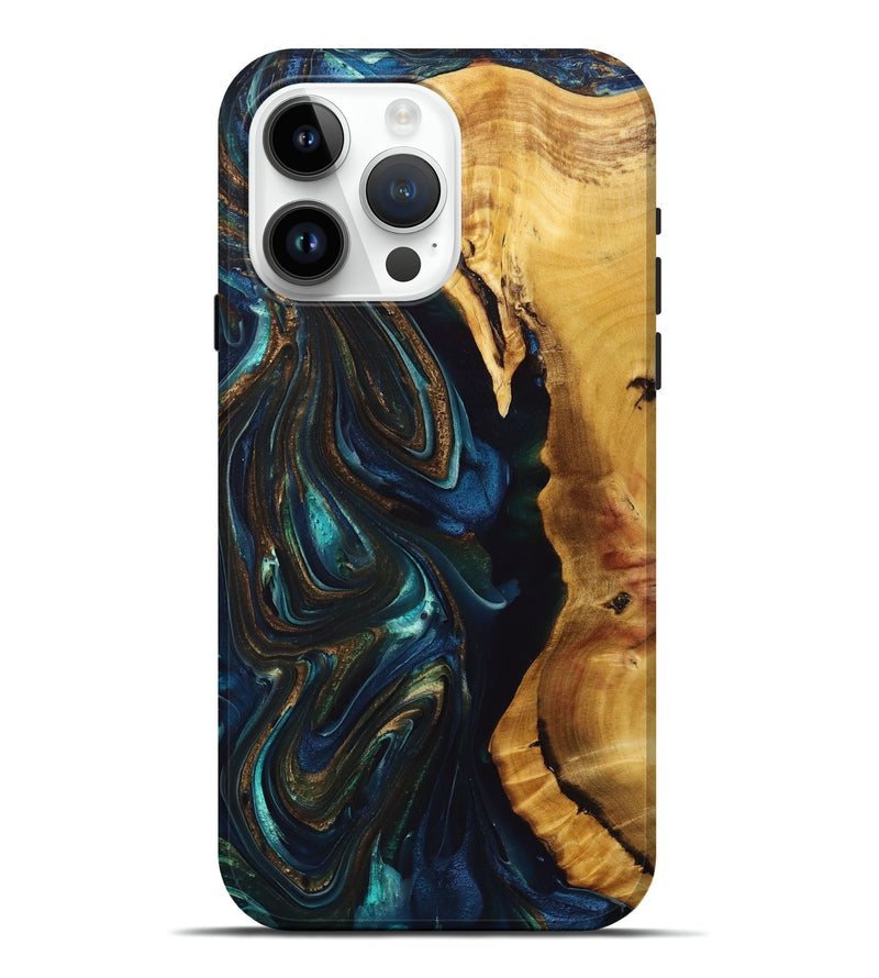 iPhone 15 Pro Max Wood+Resin Live Edge Phone Case - Kaelyn (Teal & Gold, 694973)