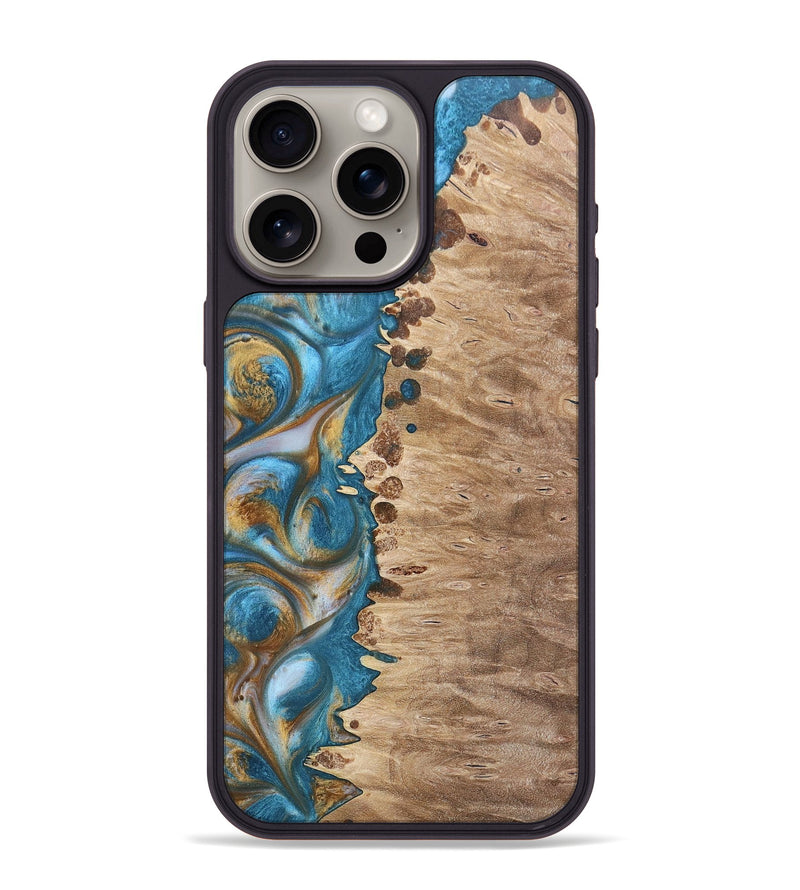 iPhone 15 Pro Max Wood+Resin Phone Case - Emmanuel (Teal & Gold, 695185)
