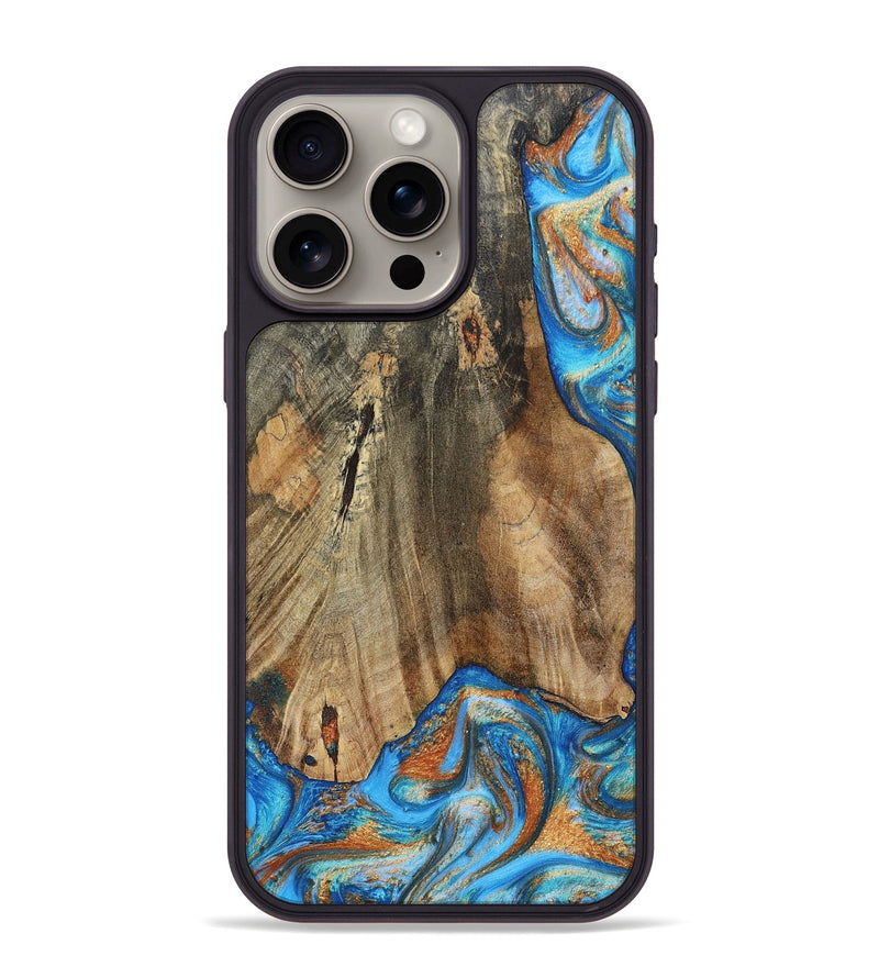 iPhone 15 Pro Max Wood+Resin Phone Case - Abram (Teal & Gold, 695188)