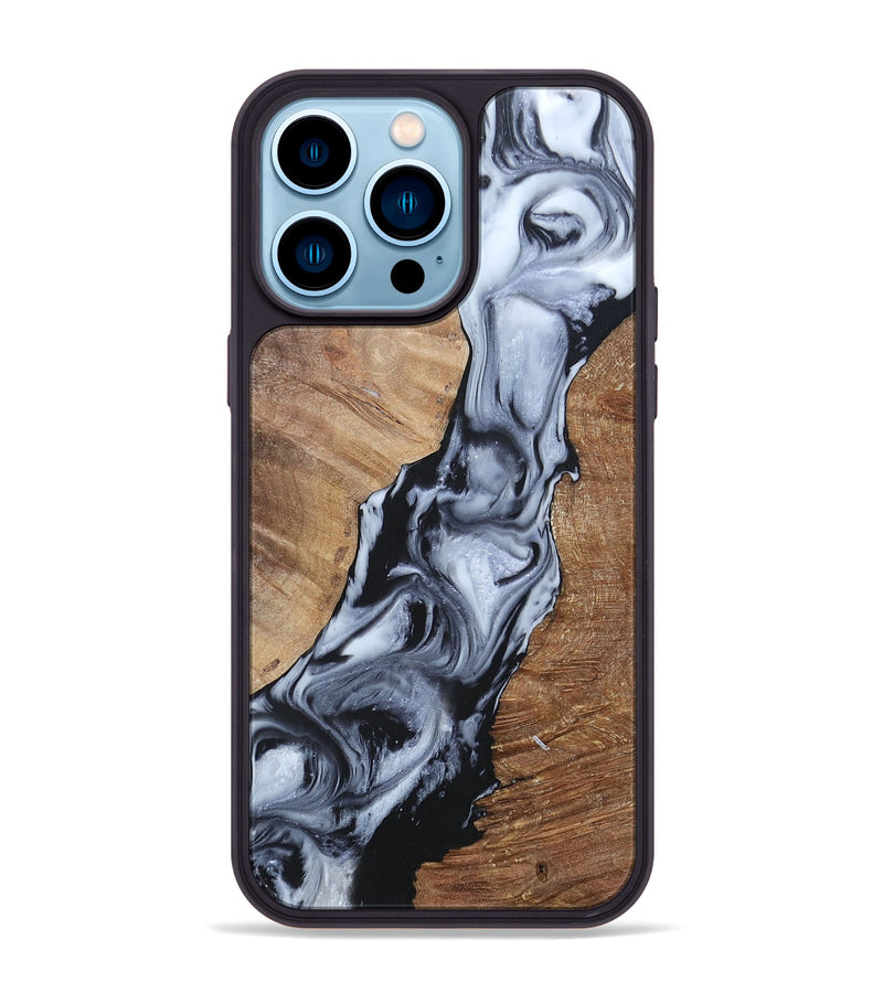 iPhone 14 Pro Max Wood+Resin Phone Case - Ashley (Black & White, 695877)