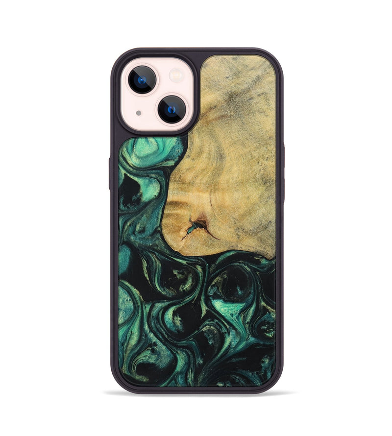 iPhone 14 Wood+Resin Phone Case - Kira (Green, 696073)
