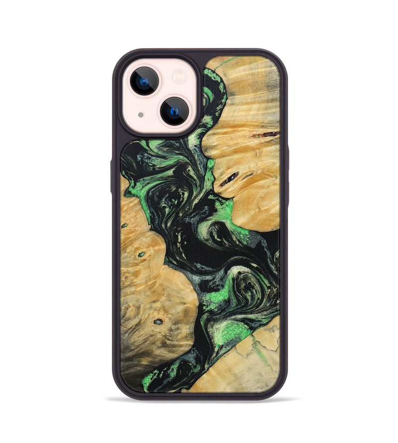 iPhone 14 Wood+Resin Phone Case - Tasha (Green, 696076)