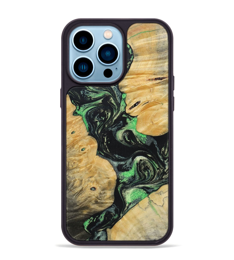 iPhone 14 Pro Max Wood+Resin Phone Case - Tasha (Green, 696076)