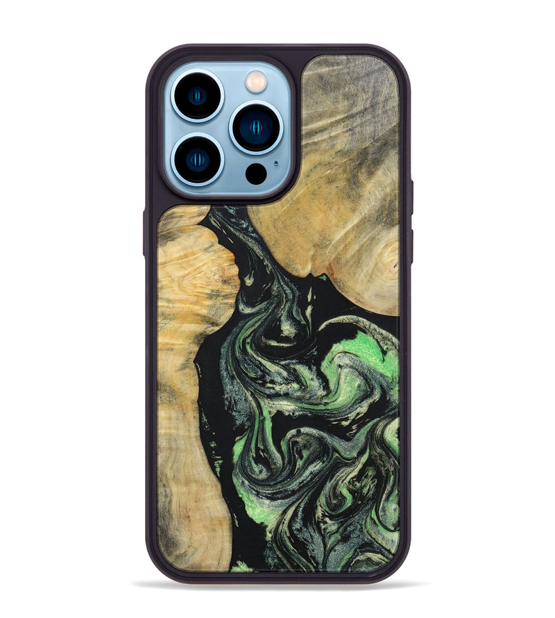 iPhone 14 Pro Max Wood+Resin Phone Case - Roman (Green, 696088)