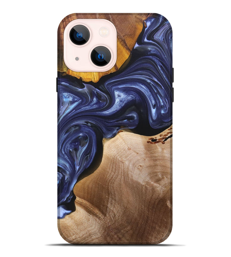 iPhone 14 Plus Wood+Resin Live Edge Phone Case - Kaitlin (Blue, 696326)
