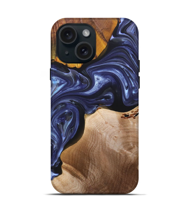 iPhone 15 Wood+Resin Live Edge Phone Case - Kaitlin (Blue, 696326)